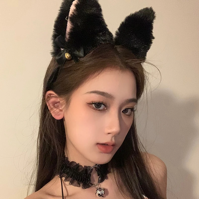 Sexy Cute Cat Ears Headband Women Girls Lace Bow Necklace Plush Bell Hairband Cosplay Halloween Party Costume Hair Accessories