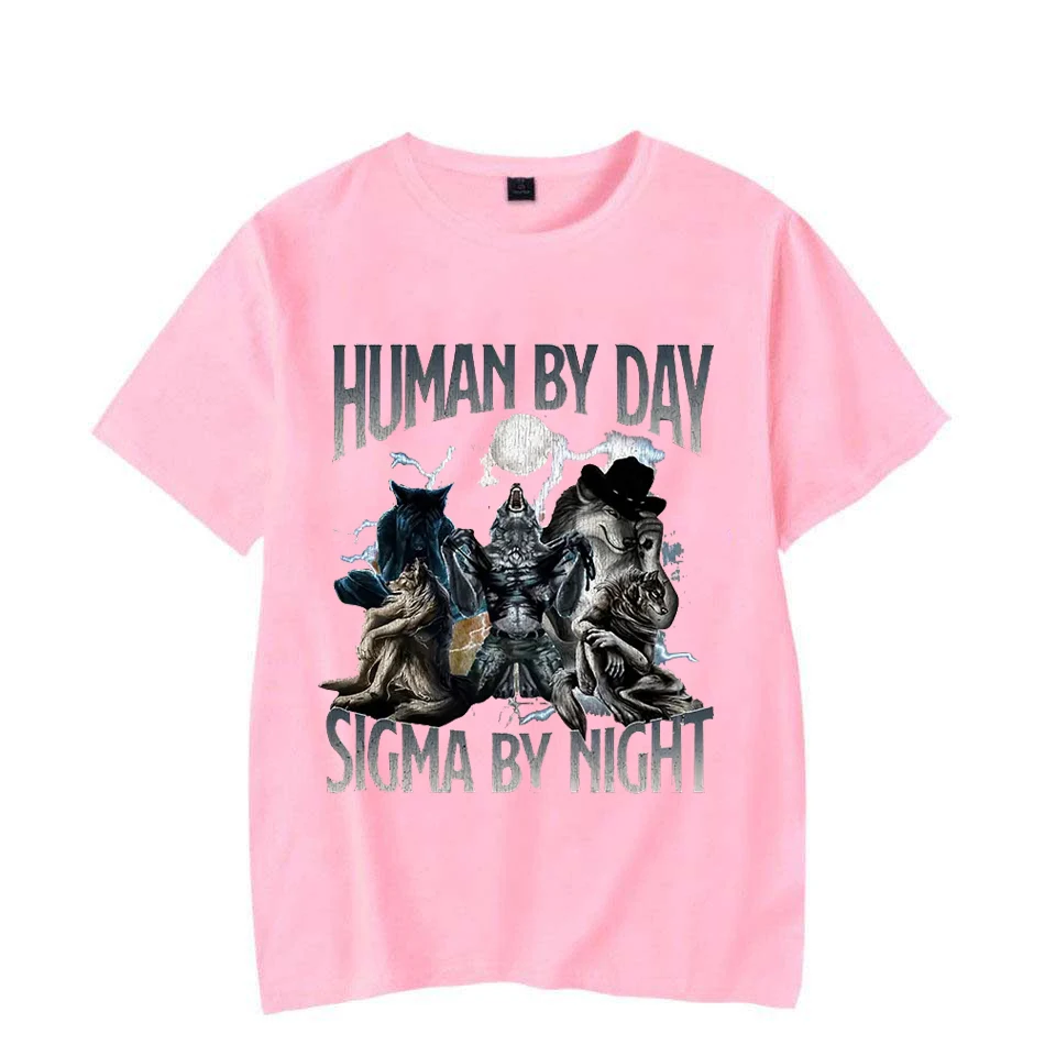 Human Day Sigma Night Fun Wolf Pattern T-shirt Men's and Women's Casual Loose Short Sleeve T-shirt