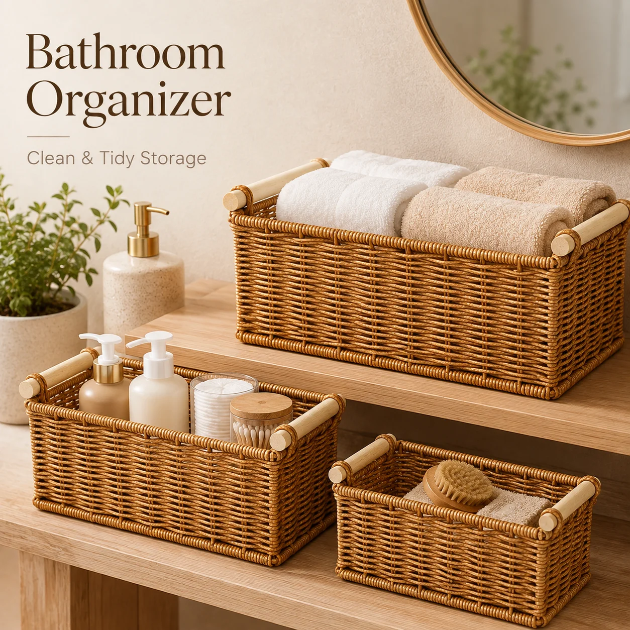 3Pcs Imitation Rattan Storage Basket Set with Wooden Handles, Woven Organizer Bins for Bathroom, Kitchen, Vanity & Home view 5