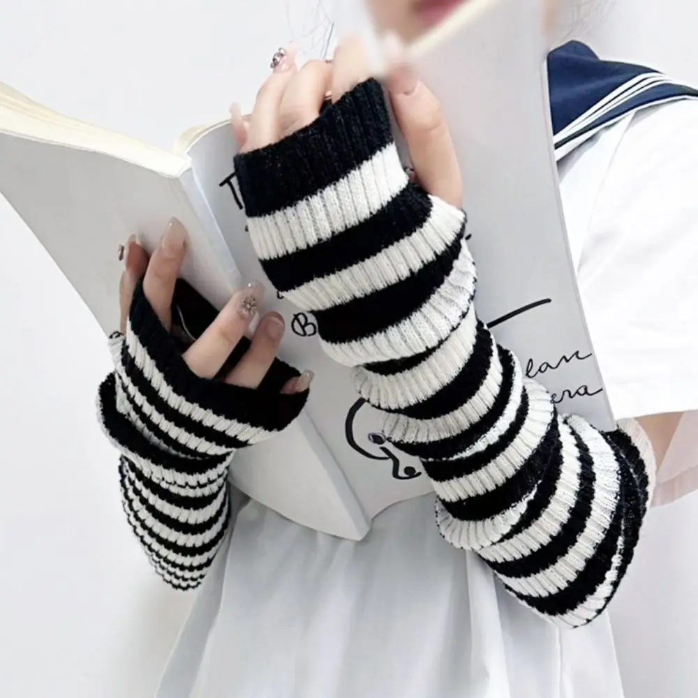 Women's Knitted Fingerless Arm Sleeves Gothic Style Striped Fingerless Elbow Gloves Winter Long Arm Warmers Girls Y2K Mittens