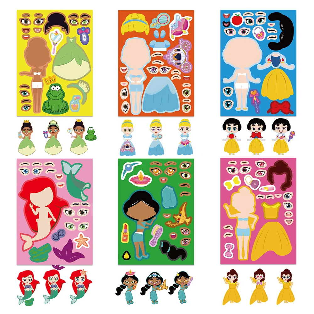 6/12Sheets Cute Disney Princess Puzzle Stickers Children Make a Face Snow White Mermaid Kids Game Jigsaw Party Boys Girls Gift