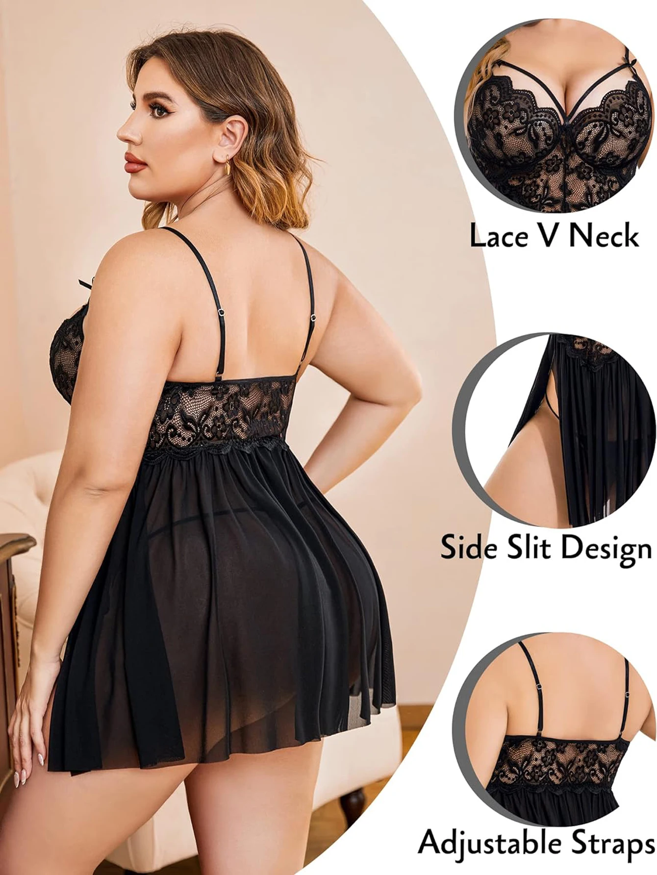 Plus Size Lace Babydoll Lingerie for Women - Sheer Mesh Chemise Nightgown with Side Slit & Bow Decor, Sexy Sleepwear Dress