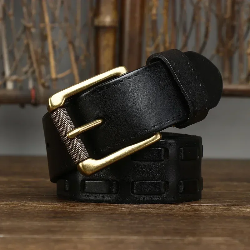 3.8CM Men High Quality Genuine Leather Belt Luxury Brass Pin Buckle Braid Belts Pure Cowskin Vintage Strap Male Jeans for Man