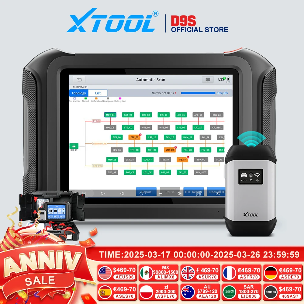 XTOOL D9 D9S Full System Car Diagnostic Tool Bi-Directional Control ECU Coding 42+ Resets Key Programming DOIP CANFD Topology