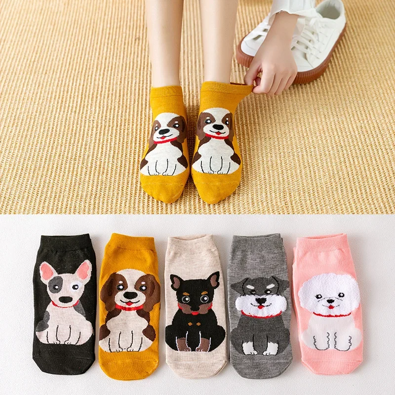 5 Pairs Dog Cat Cartoon Women Socks Kawaii Cotton Short Socks Cute Low Cut Ankle Korean Japanese Fashion Socks Girl Calcetines