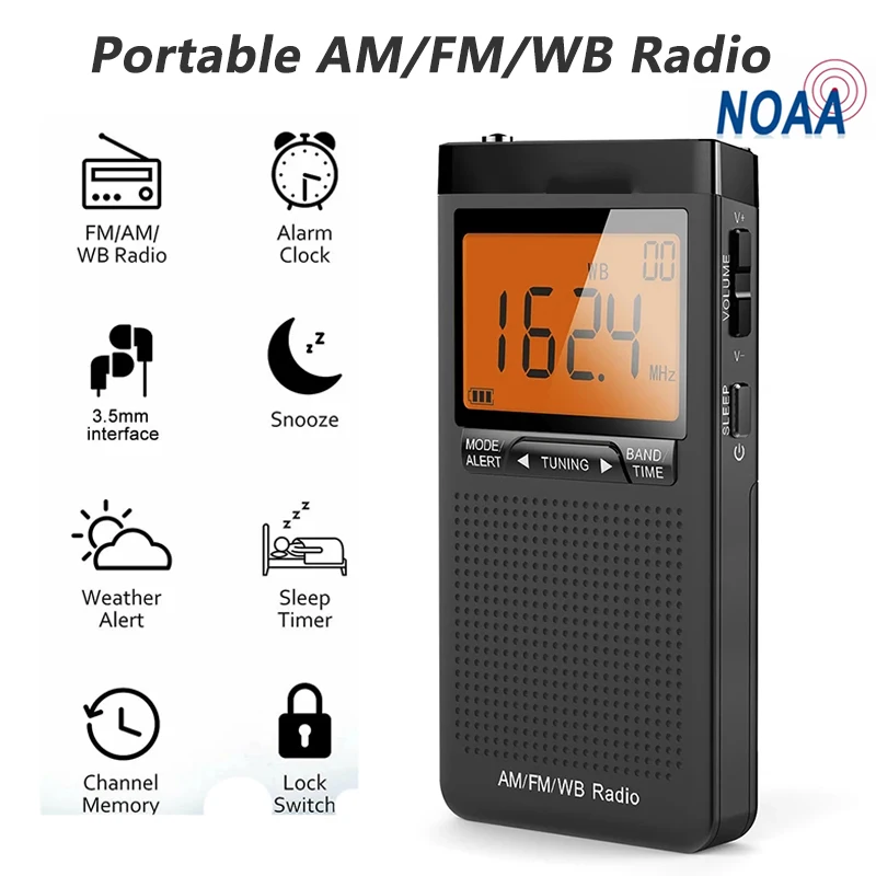 AM FM NOAA Mini Radio portatile meteo Radio Mini Pocket Radio ricezione eccellente grande schermo LCD Radio sveglia Digtail