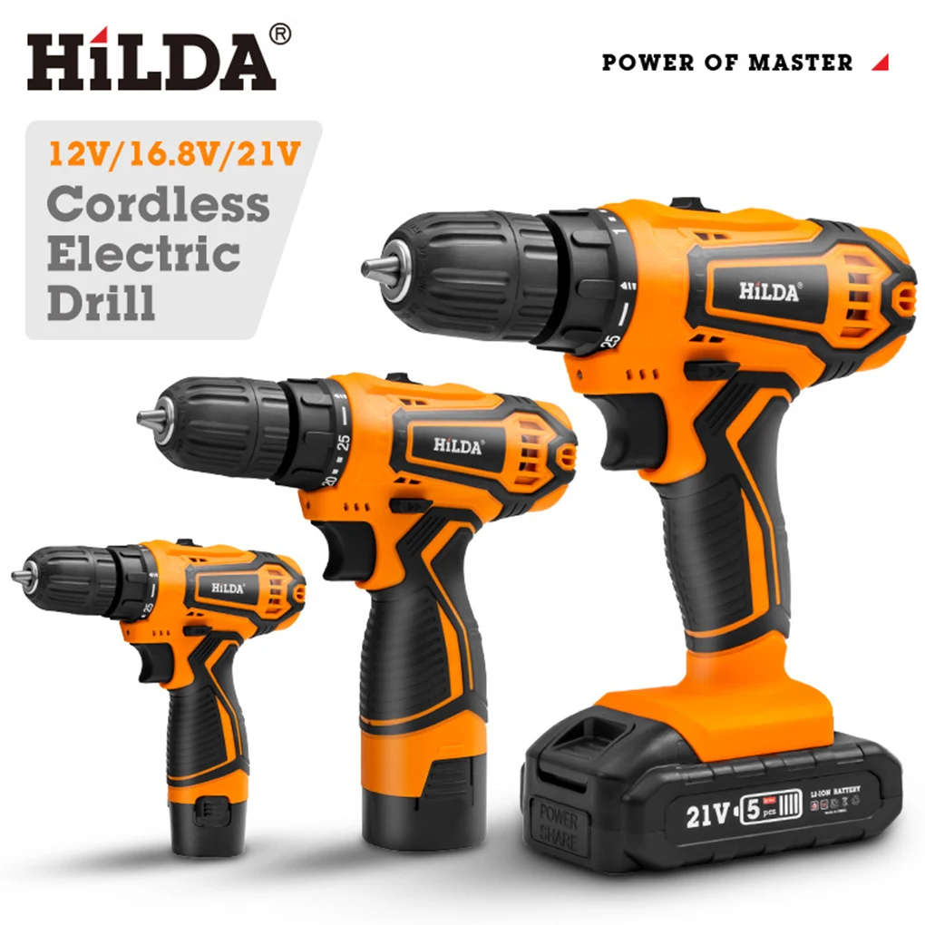 HILDA Multi Electric Drill 12V 16.8V 21V Cordless Drill Electric Screwdriver Mini Wireless Power Driver DC Lithium-Ion Battery