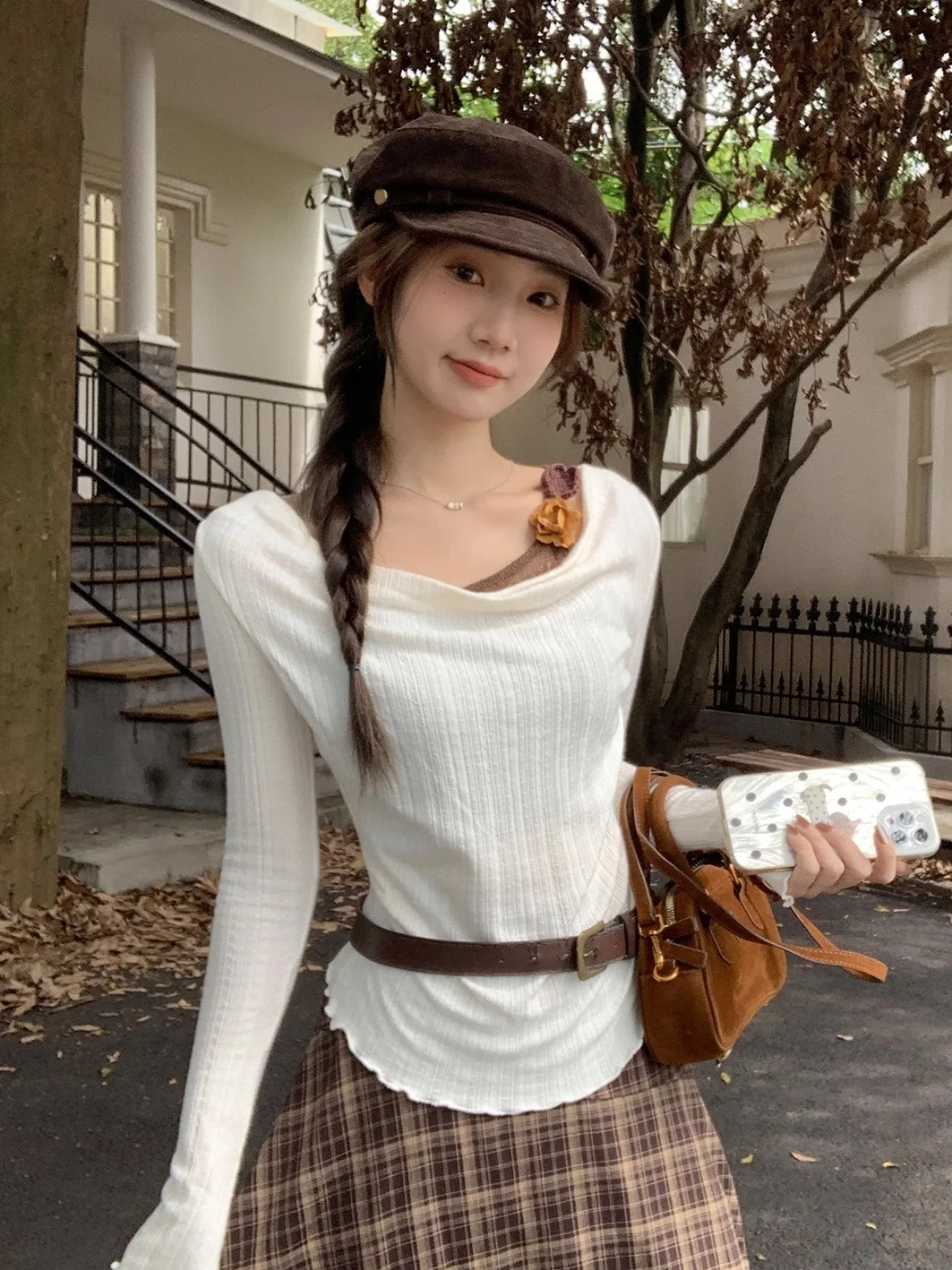 

Irregular Collar Knitted Long Sve T-irt Women's Base irt Flower Splicing Autumn Season Faionable Commute Sle Top