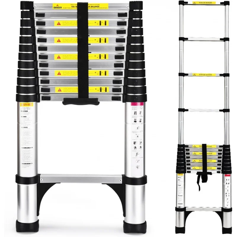 Telescoping Ladder, 12.5 Ft Aluminum Lightweight Extension Ladder with 2 Triangle Stabilizers, Heavy Duty Capacity