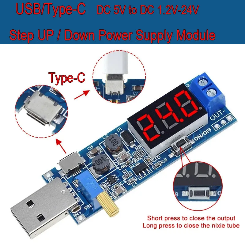 

USB Type-C 5V to 1.2V-24V Boost/Buck Converter Module DC-DC Step Up/Down Adjustable Power Supply DIY Project