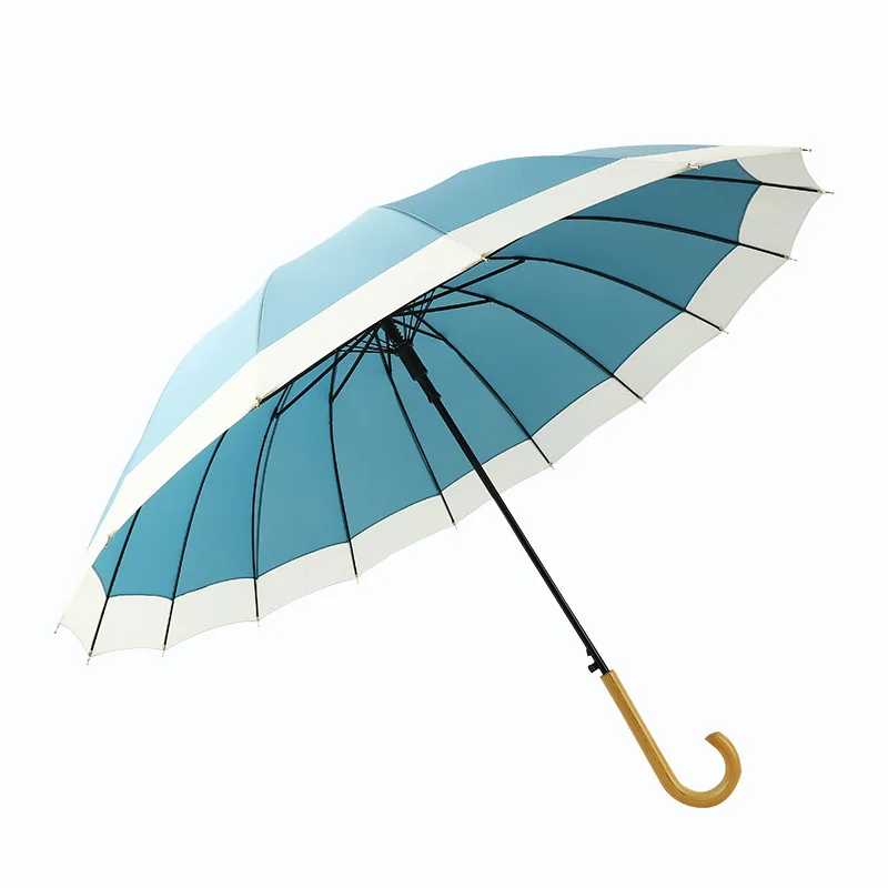 Fresh Design 16K Umbrella Pongee Long Wooden Handle Rainy Umbrellas for Women Men Stitching Colors