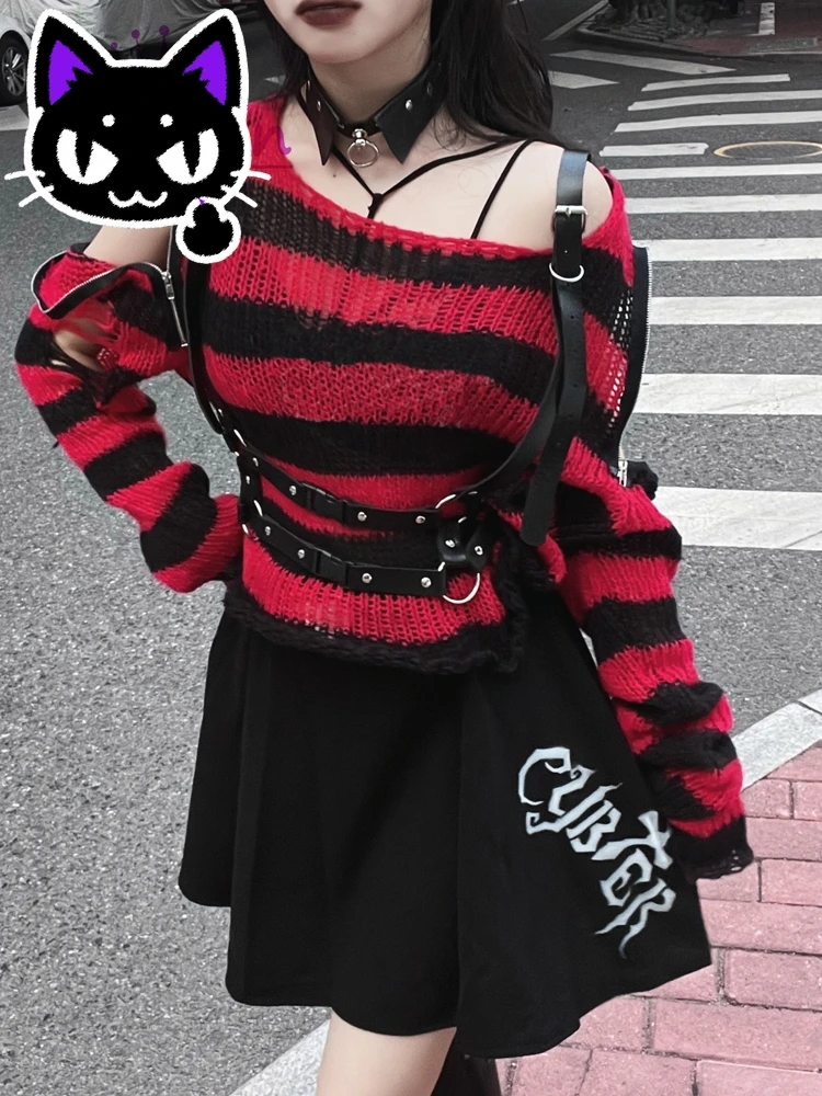 2025 hot sale Harajuku Y2k Punk Rock Zipper Sexy Off Shoulder Sweaters Women Gothic Black Grey Red Stripes Broken Hole Loose Kni