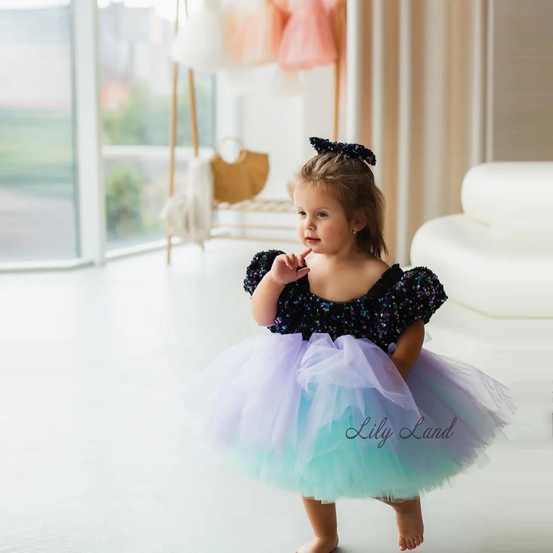 

Cute Girl Pink Fluffy Princess Dress Flower Girls Sequined Dresses For Wedding Kids Puff Ruffled Tulle Gown Birthday Party Dress