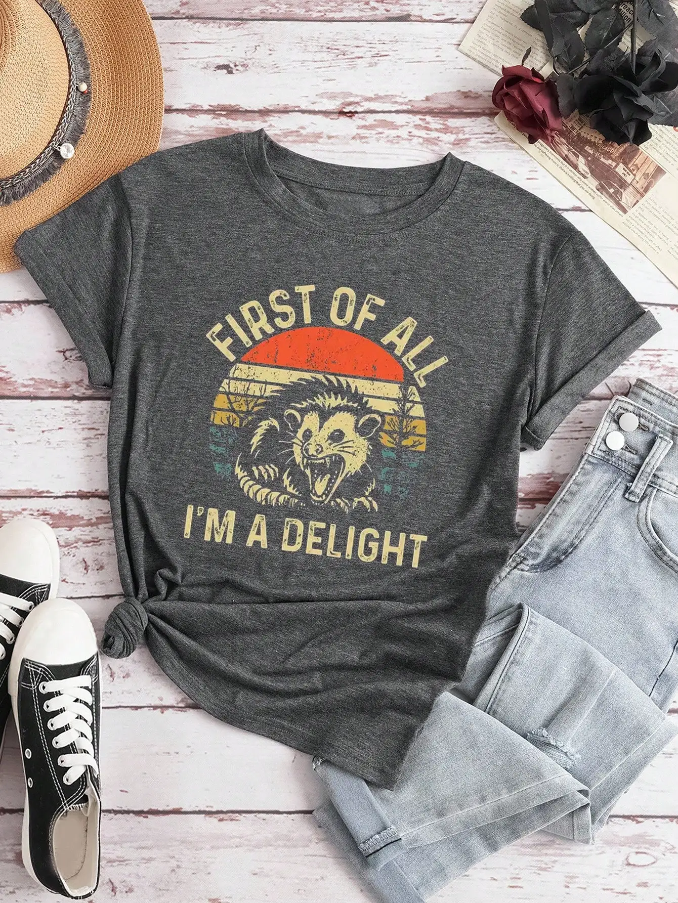 

Funny Angry Opossum Graphic Print Round Neck T-Shirt Women Casual Tee