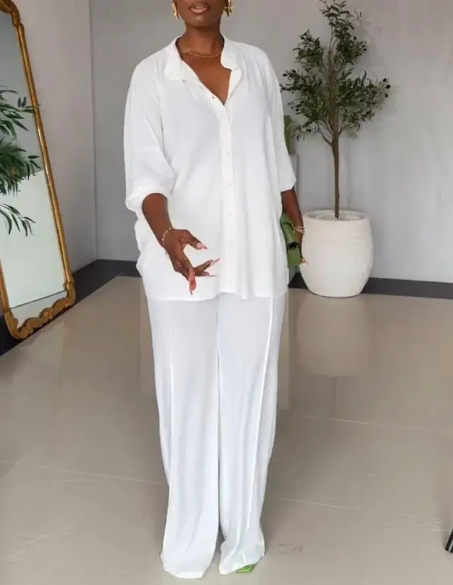 여성용 2피스 복장 스탠드 칼라 버튼 프론트 백리스 트위스트 백 탑 및 캐주얼 솔기 프론트 신축성 있는 허리 바지 세트