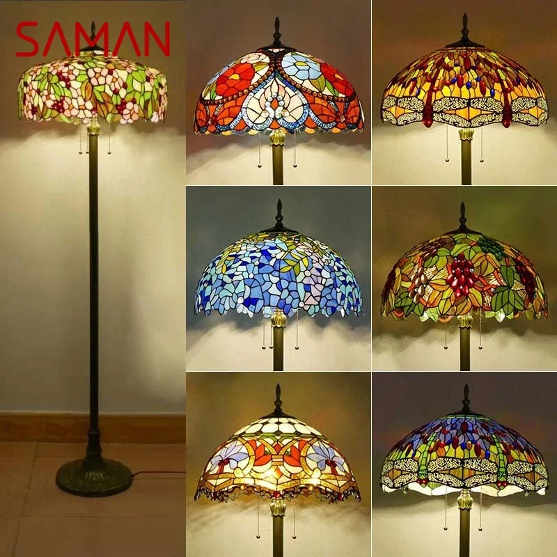 

SAMAN Tiffany Floor Lamp American Retro Living Room Bedroom Lamp Country Stained Glass Floor Lamp