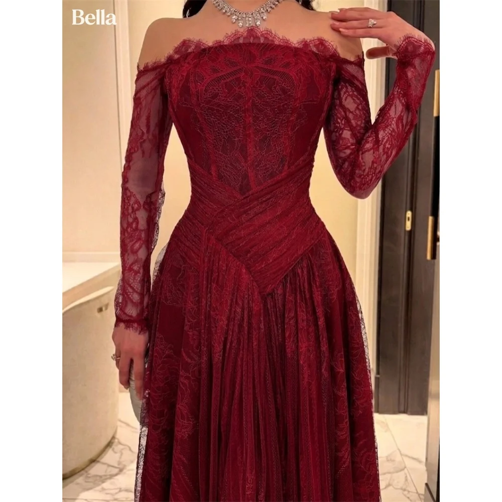 Bella Maßgeschneidertes schulterfreies Abendkleid aus Tüll mit Spitzenstickerei, Ballkleid, Burgunderrot, Vintage, romantisches Hochzeitskleid, Partykleid
