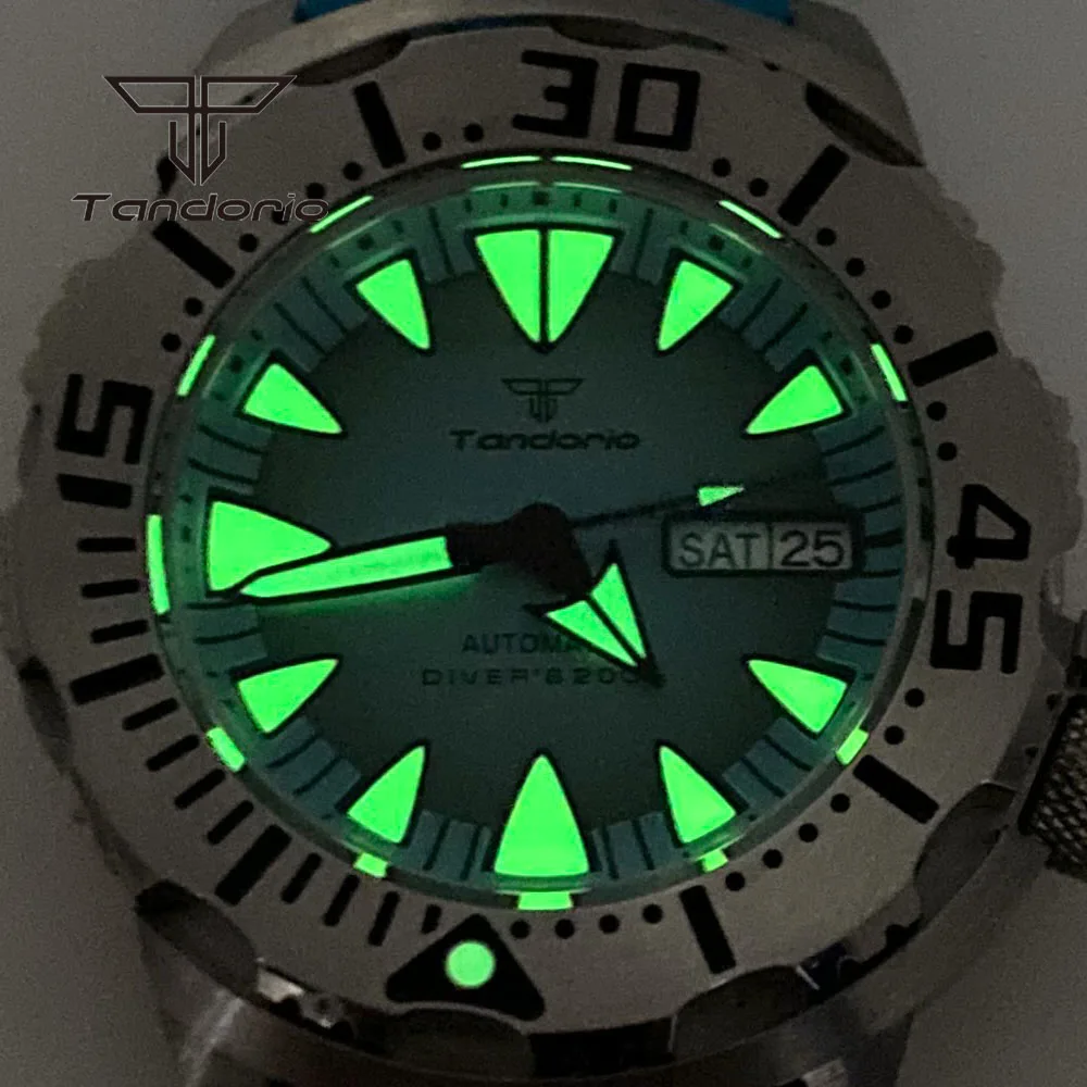 Tandorio Monster Dive NH36 42mm Mechanical Automatic Men Watch 20ATM AR Sapphire Crystal Wristwatch Date Week Green Luminous