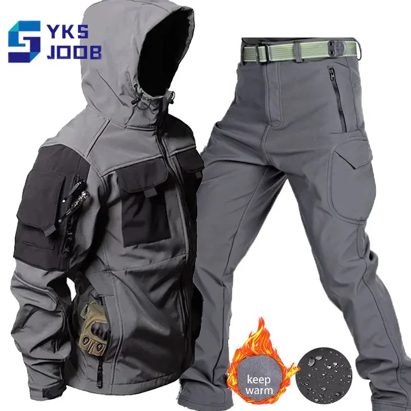 Shark Skin Hiking Fleece Set Men Winter Tactical Wear-resisting Windproof Waterproof Warm Jacket+pant Suits Camping Treking Sets