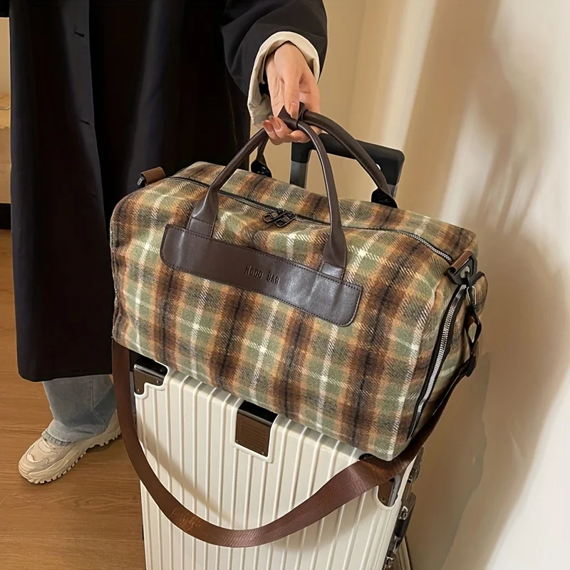 Style Large Capacity Luggage Bag, With Plaid Pattern, Lightweight Versatile Duffle Bag