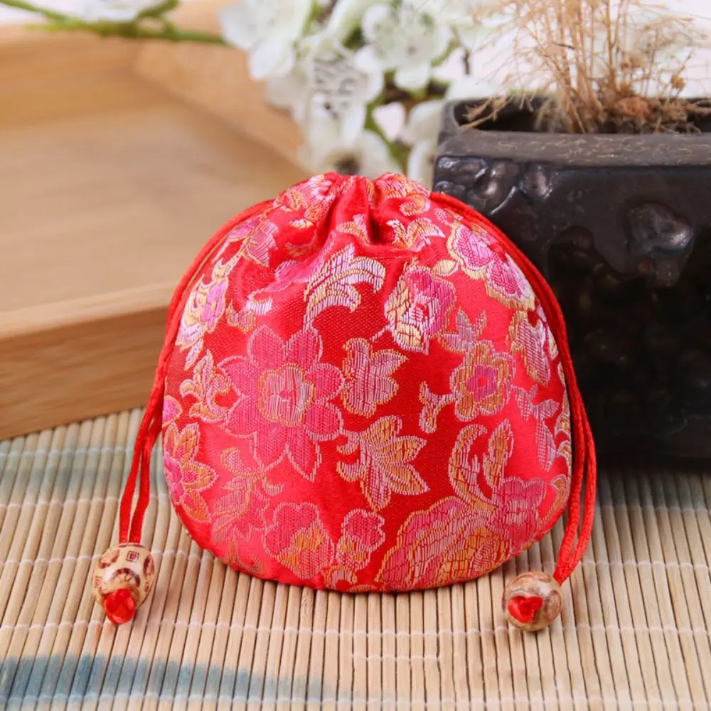 Floral Embroidery Flower Drawstring Bag Beaded Chinese Style Canvas Flower Handbag Bucket Bag Large Capacity Festive Sugar Bag