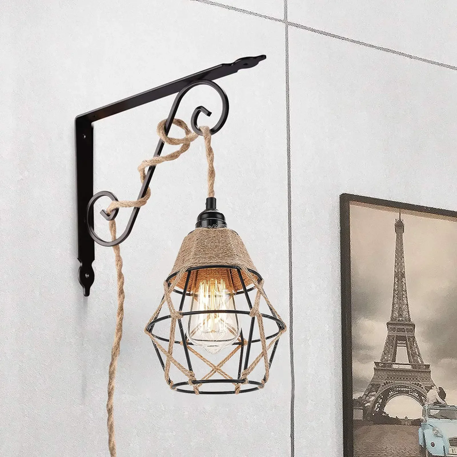 2.5m-6.7m Hanging Pendant Light Kit with Switch Plug Socket E27 Compatible Vintage Farmhouse Lamp Hemp Rope Cable Rustic Decor