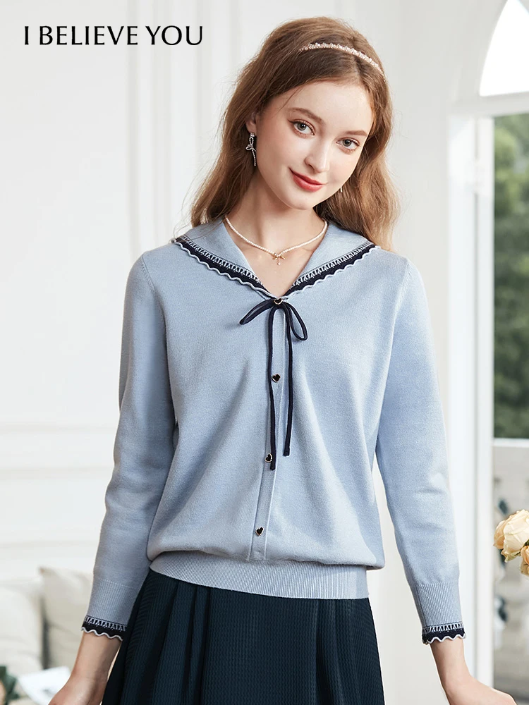 

I BELIEVE YOU Sweater Women 2023 Autumn Blue Peter Pan Collar Long Sleeve New Chic Beautiful Solid Bow Lace-up Shirt 2233125242