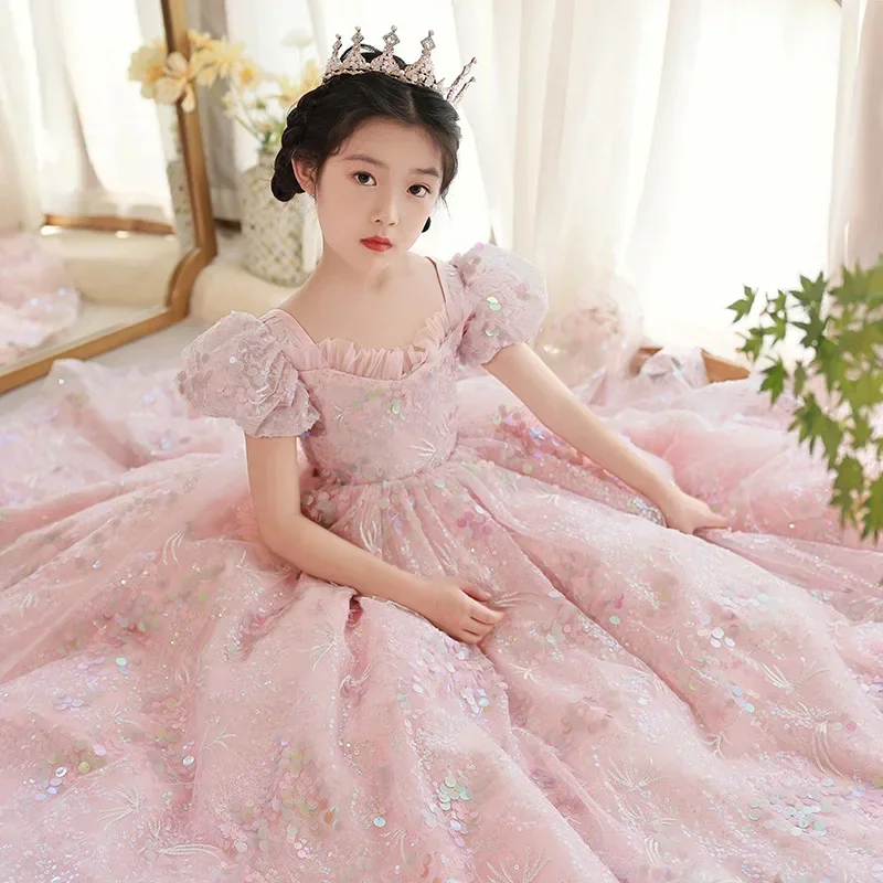 Kids Evening Gowns Embroidered Lace Long Princess Dresses Elegant Girls Formal Prom Dresses 3-15Y Birthday Banquet Clothes