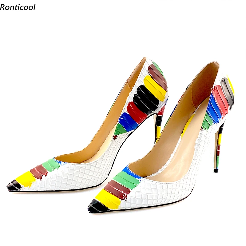 

Ronticool Handmade Women Spring Graffiti Pumps 12 Cm High Heels Pointed Toe Pretty Red White Dress Shoes Women US Plus Size 5-13