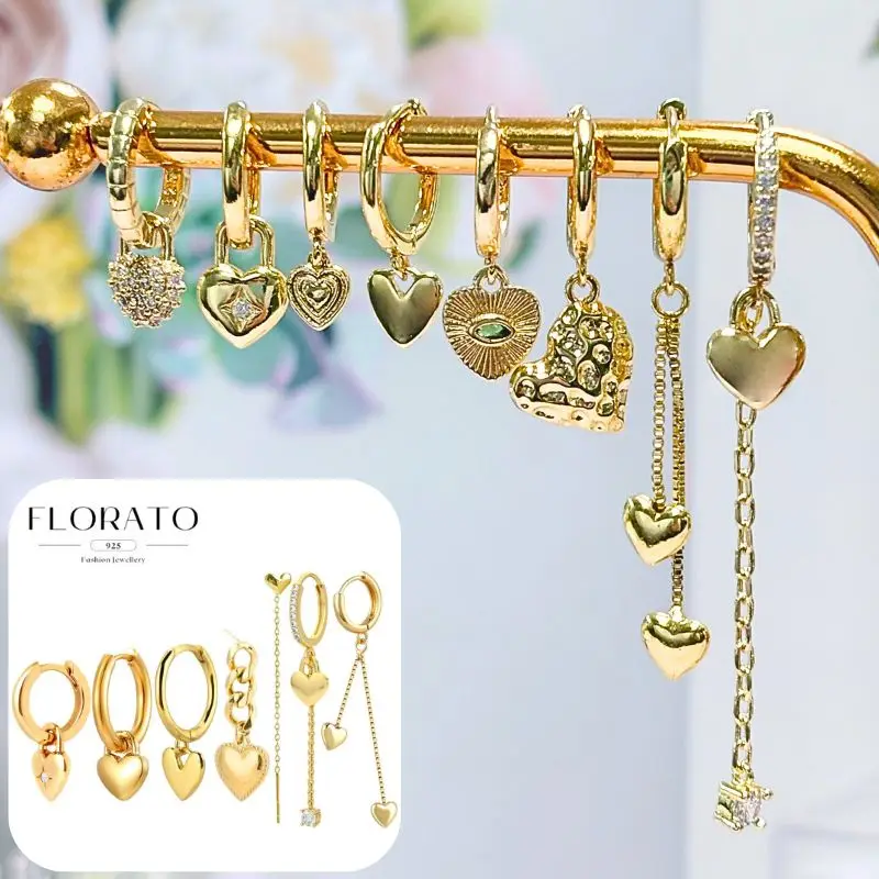 

FLORATO 925 Sterling Silver ear Needle Heart-shaped Pendant Earrings Simple Hearts Gold Earrings Series Fashion Party Jewelry