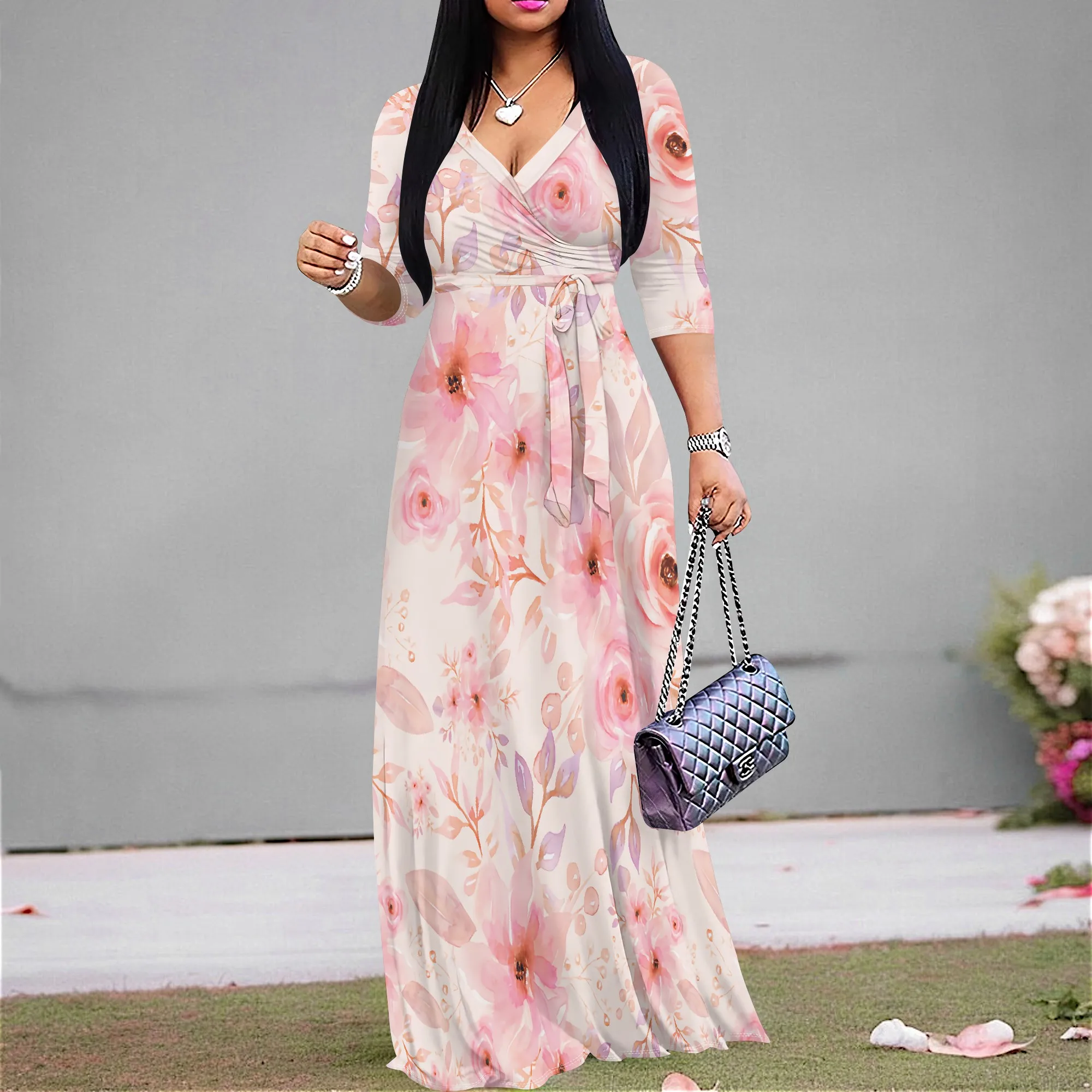 

Romantic Watecolor Floral Pattern Wrap Maxi Dress for Women Casual Summer Sundress V-Neck 3/4 Sleeve Long Dress