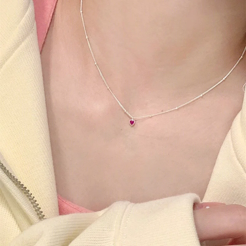 Silver Color Necklace Pendant For Women Jewelry Love Necklace Small Mini Red Heart Pendant Simple Heart Shaped Collar