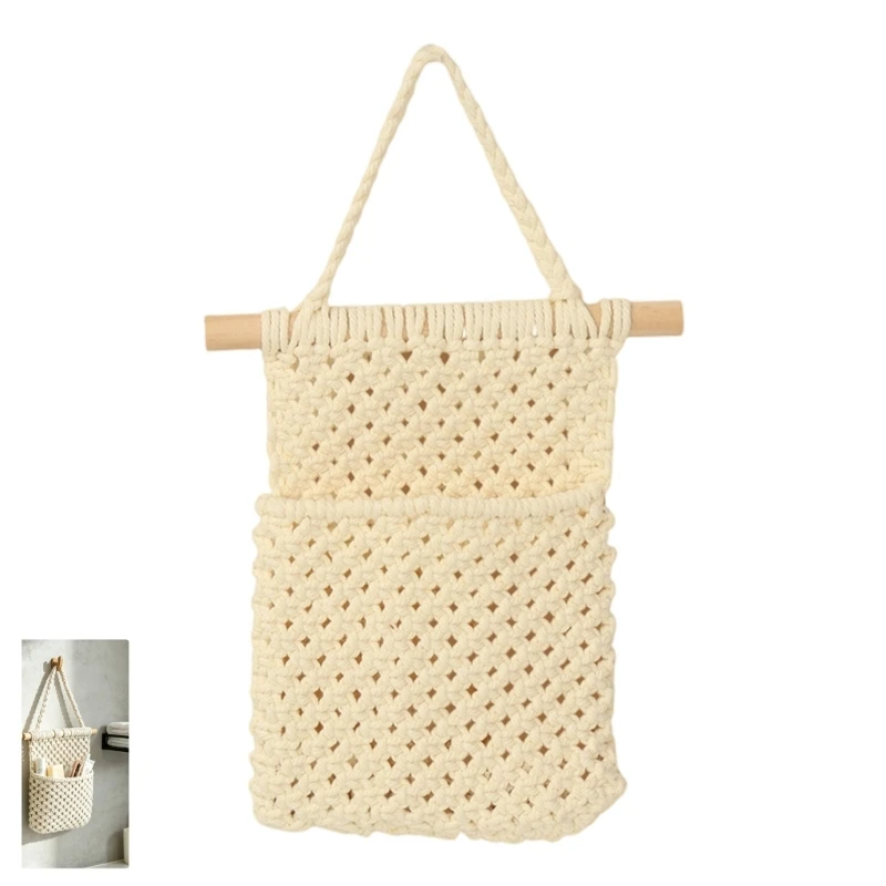 Hand-Braided Wall Storage Pocket Hanging Holder with Two Compartments for Entryway Mail Cards and Near-Bed Items J0MC