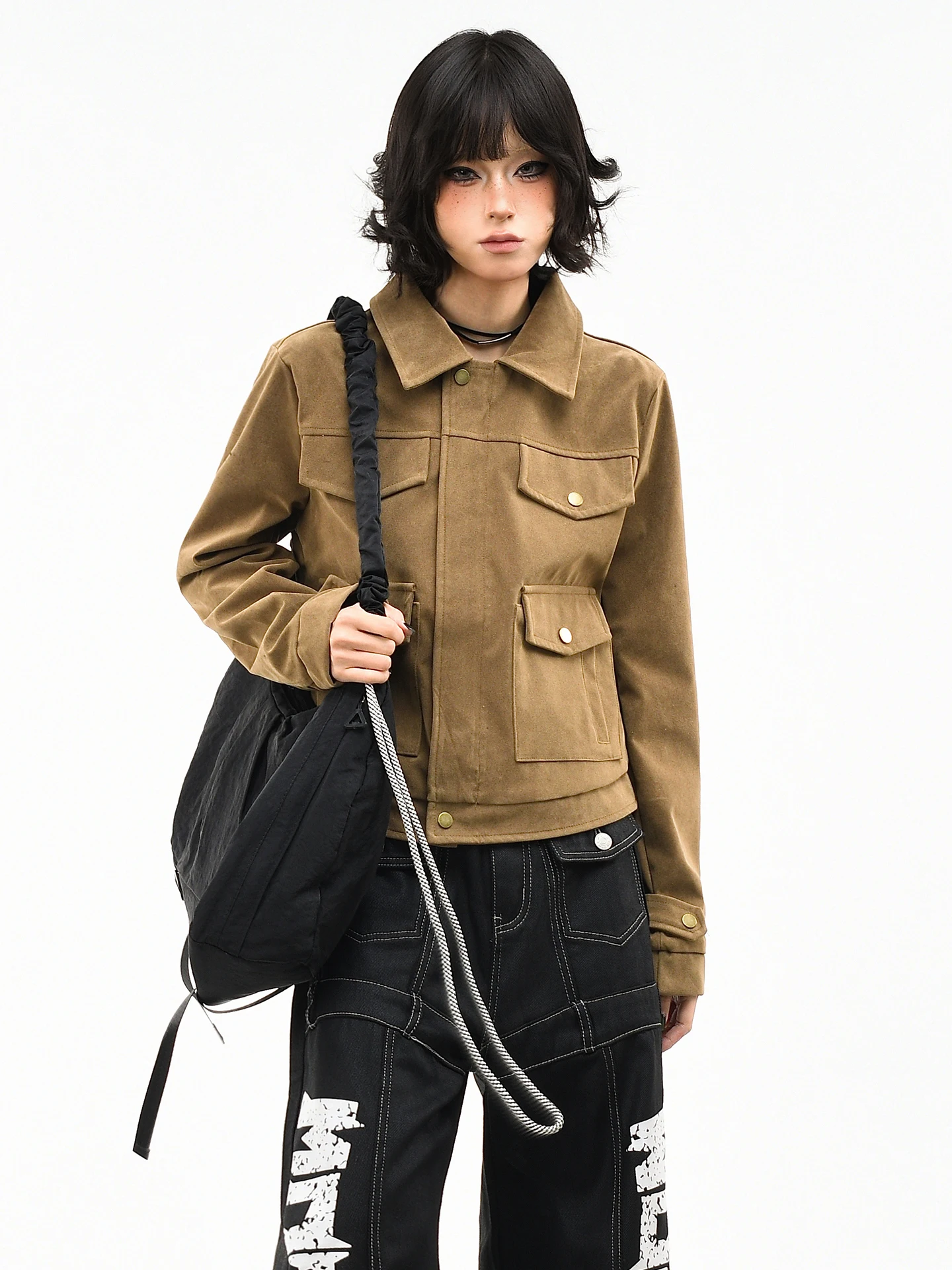 OV オリジナルアメリカンレトロレザーベルベットマルチポケットシャツカラージャケット女性春スリムフィットショートコートトップファッション