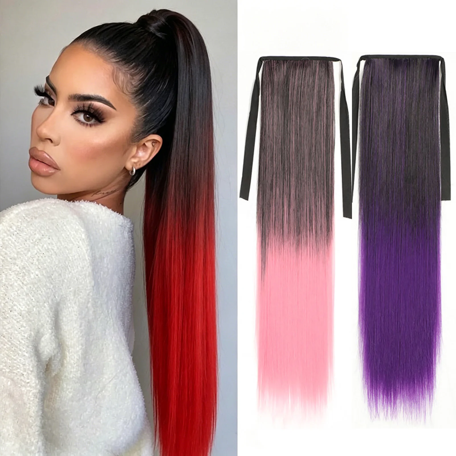 

Zolin Ombre Straight Ribbon Ponytail Hair Extensions Synthetic Long Colorful Ponytail Hair Piece for Cosplay Party Daily