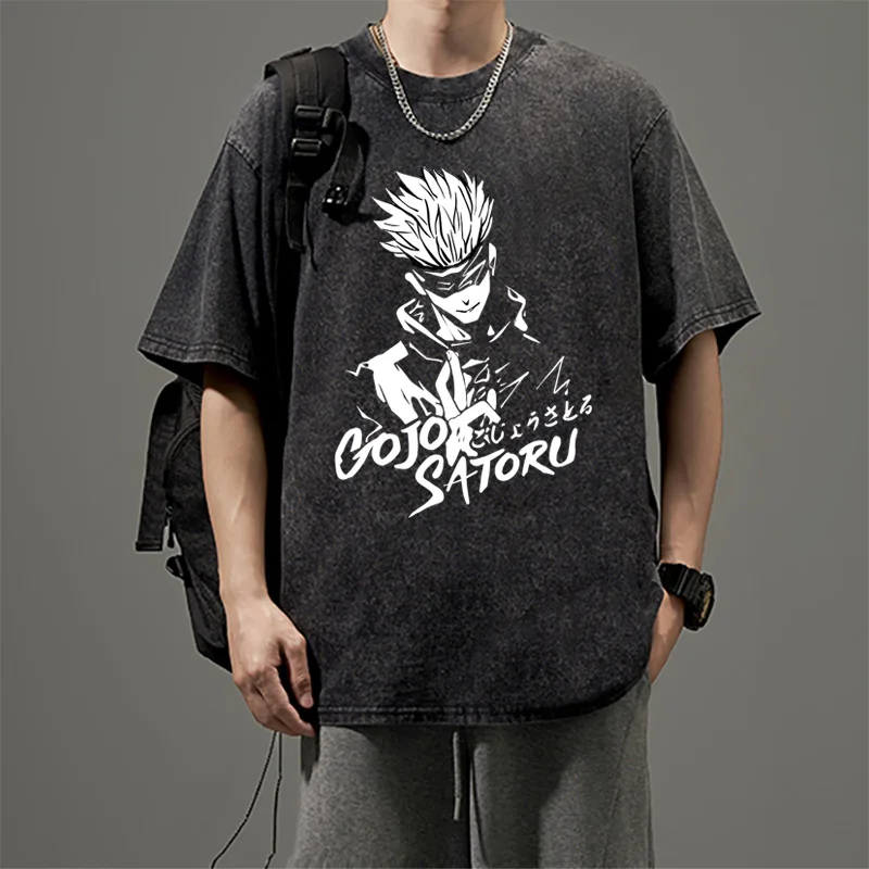 

Jujutsu Kaisen T-shirt Man Summer Trendy Anime Printed Short-sleeved Tee Vintage Washed Women's Oversized Streetwear HipHop Tops