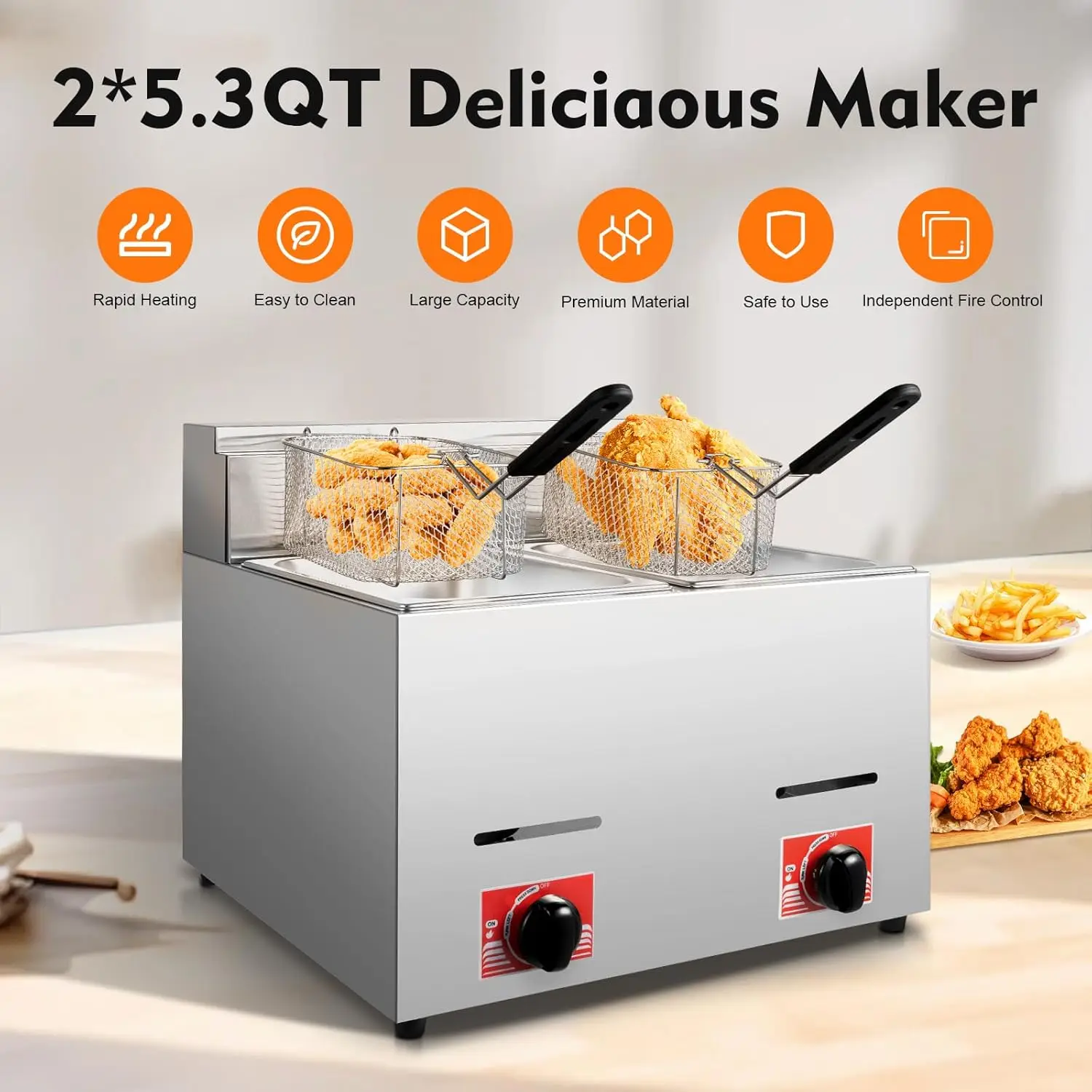 Commercial Countertop Gas Fryer With Baskets, 2 * 6L Deep Fryer Pot Stainless Steel Kitchen Oil Fryer,Lpg Fryer Fast Heating