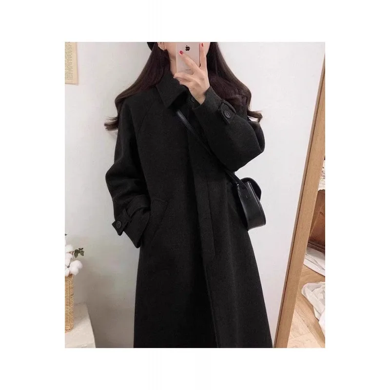 حجم كبير معطف صوفي سميك للمرأة نمط هيبورن خريف شتاء جديد وصول النظام الكوري الراقية ملابس خارجية صوفية سوداء #3