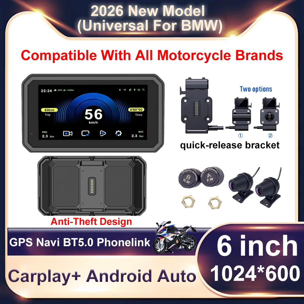 

6-дюймовый беспроводной мотоциклетный GPS-навигатор с CarPlay и Android Auto для BMW R1200GS R1250GS F800 F900, быстросъемный блок питания