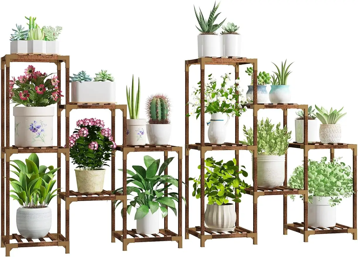 Plant Stand Indoor Outdoor, Corner Plant Shelf Rack for Multiple Plants, 14 Tier 18 Pots Flower Stand Wood Plant Stand