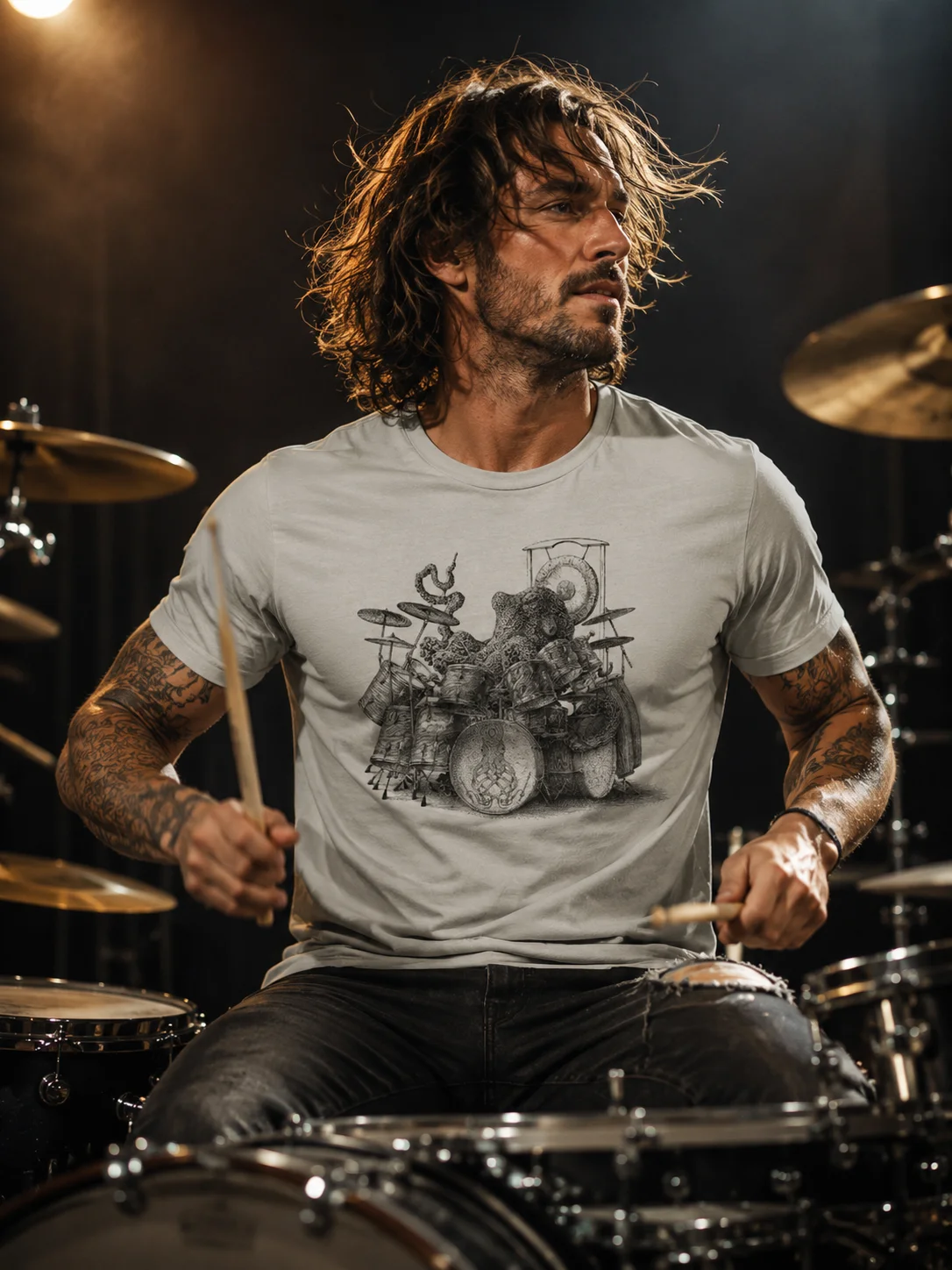 Men Drummer Octopus Graphic T‑Shirt Rock Band Gothic Retro Dark Grunge Edgy Streetwear Polyester Tee Y2K Punk Drum Kit Print Top