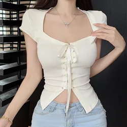 Summer Lace Up Womens Tops and Blouses 2024 Korean Fashion Casual Sexy Blusas Mujer Slim Casual Ins Y2k Corset Crop Top Clothes