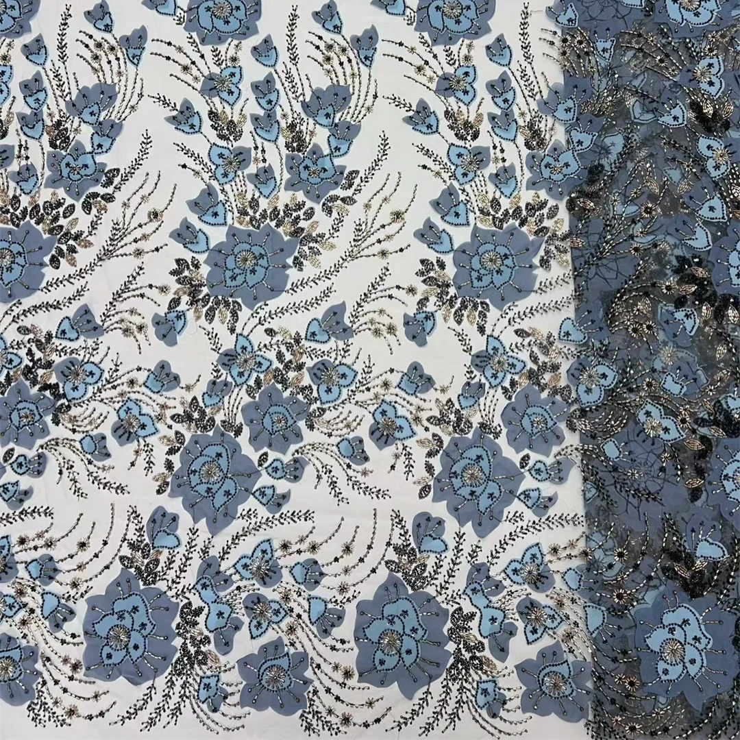 Lastest African High Quality Floral Embroidery Lace Fabric Sequins Beads Mesh Lace for Bridal Eveing Banquet Dress Sewing