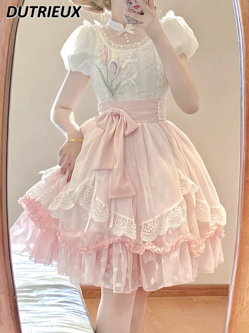 

Summer New Lolita Daily Sweet Bubble Short Sleeve Dress for Women Cute Girls High Waist Slimming Splicing Bow Lace Dresses