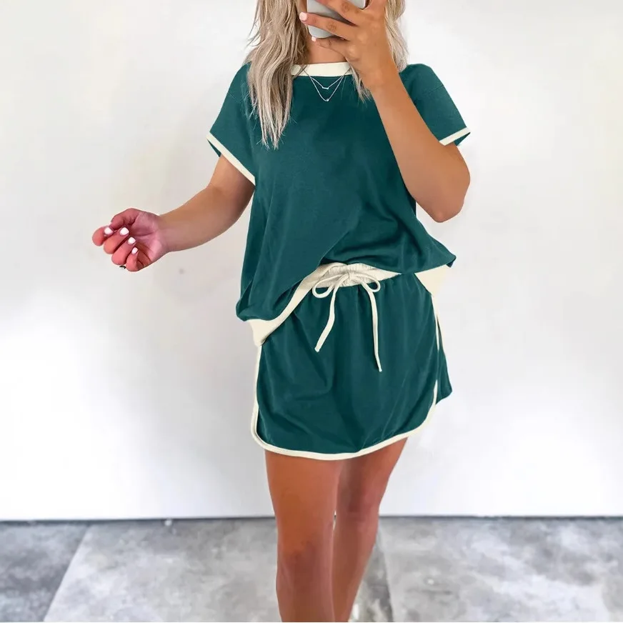 Summer Women's Color Block Off Shoulder T-Shirt And Skirt Pants Two Piece Sets