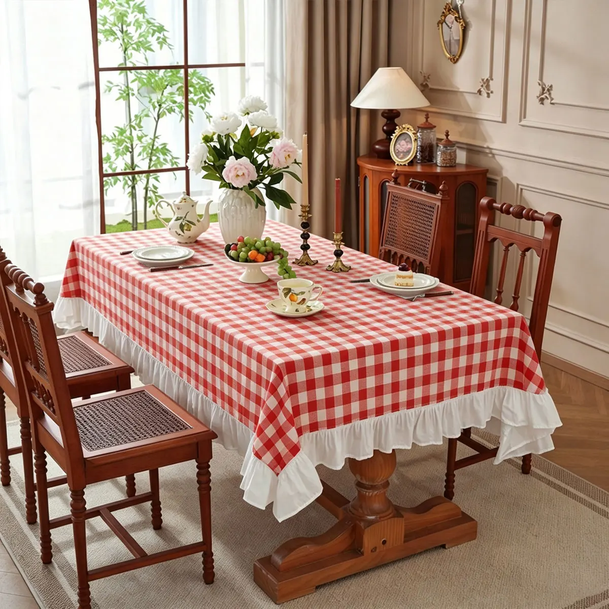 1PC Red‑White Gingham Tablecloth with Ruffle Trim, Wrinkle‑Resistant Washable Table Cover for Kitchen Dining Room