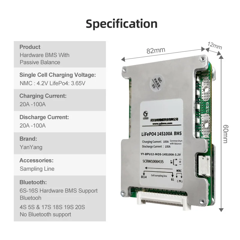 Yanyang BMS For Scooter LifePO4 Battery 14S 24V 100A Lithium 18650 Solar Battery Management System 24V LifePO4 BMS Board