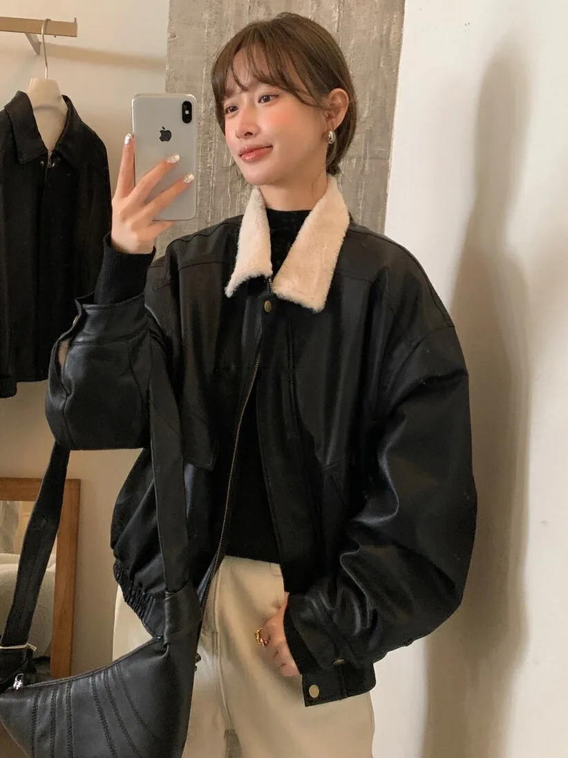 

Корейская теплая зимняя куртка-косуха из искусственной кожи с отложным воротником, в стиле Hong Kong Sle Fa...