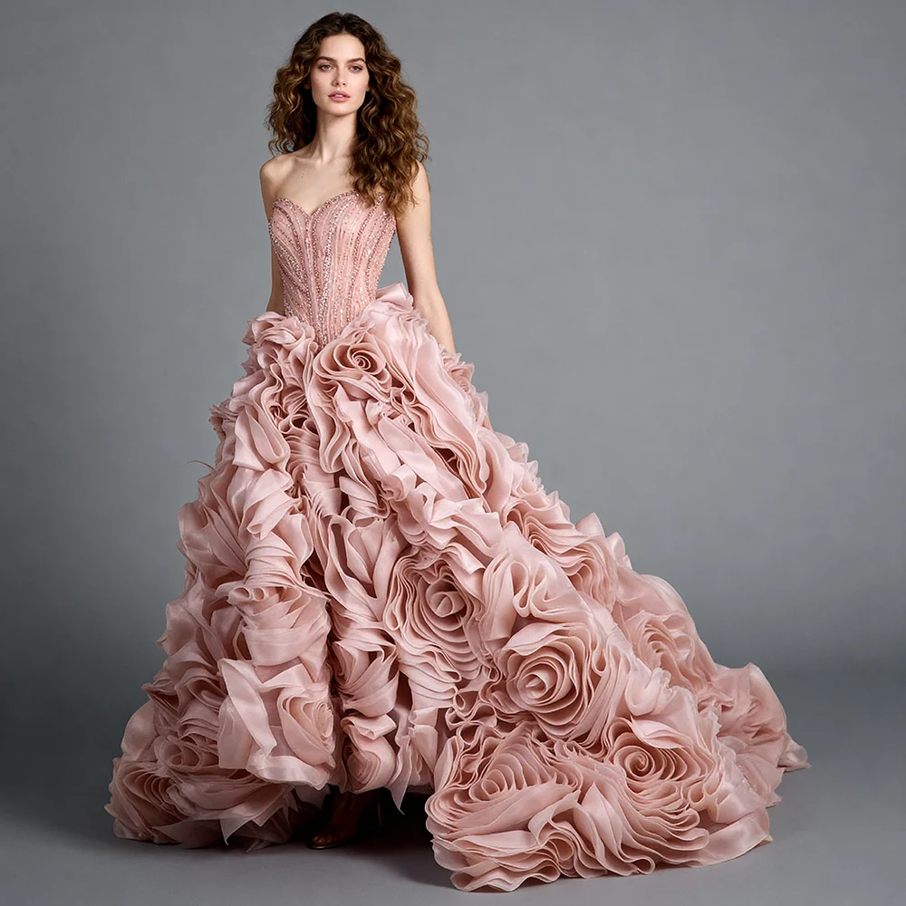 

Custom 3D Floral Wedding Gown for Photoshoot Handmade Flower Train Dress Luxury Bridal Photography Dress Couture Evening Gown