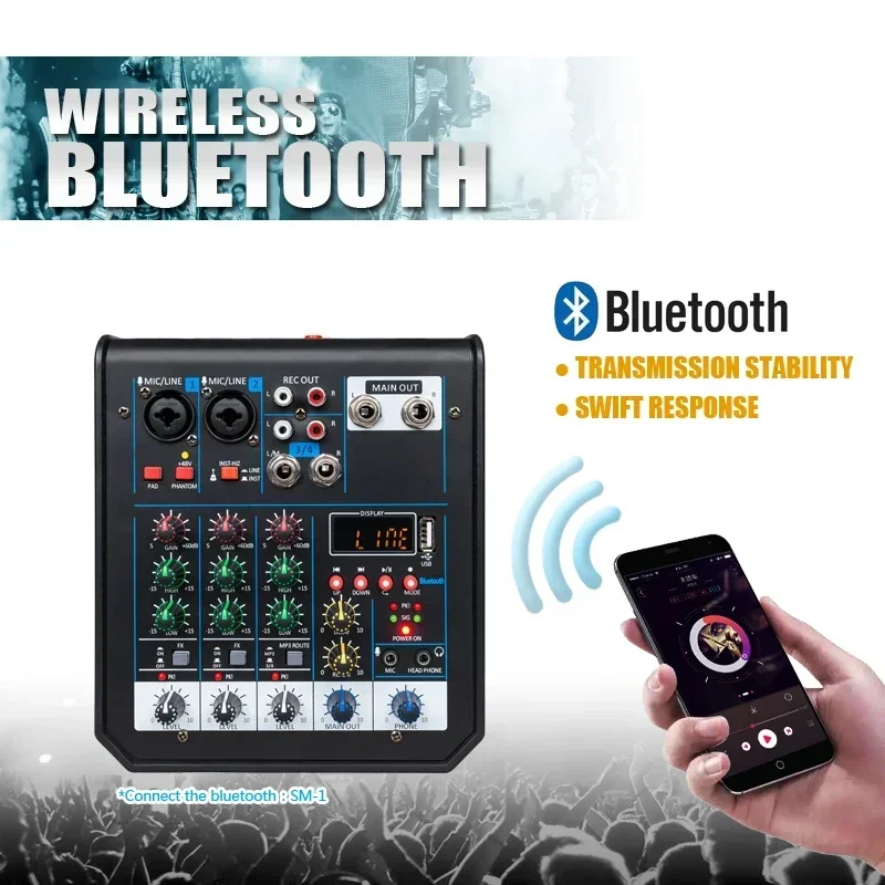 USB Bluetooth Reverb Processador De Áudio, Conferência ao ar livre Mixer, Live Sound Card, Live Recording, 4 Canais